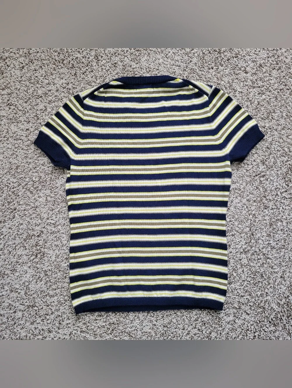J. Crew Carolyn Sweater Tee Striped Merino Wool Navy Blue Yellow Crew Neck Small